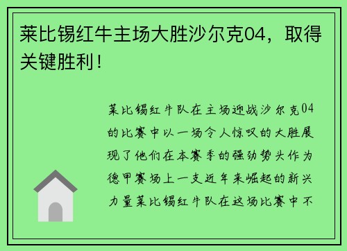 莱比锡红牛主场大胜沙尔克04，取得关键胜利！