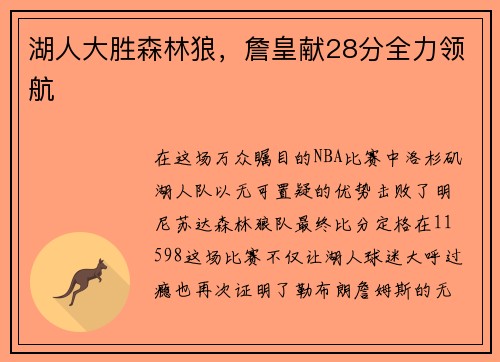 湖人大胜森林狼，詹皇献28分全力领航